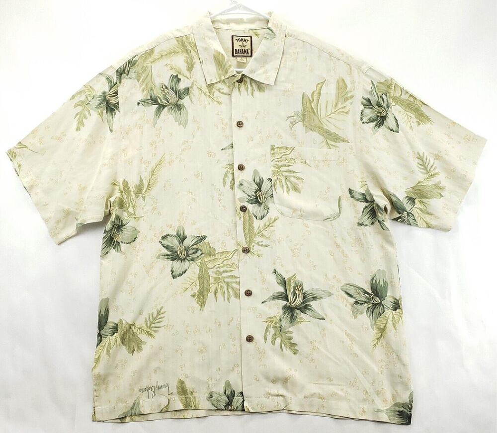 Tommy Bahama Shirt Mens Large Ivory Green Silk Hawaiian Tropical Button-Up